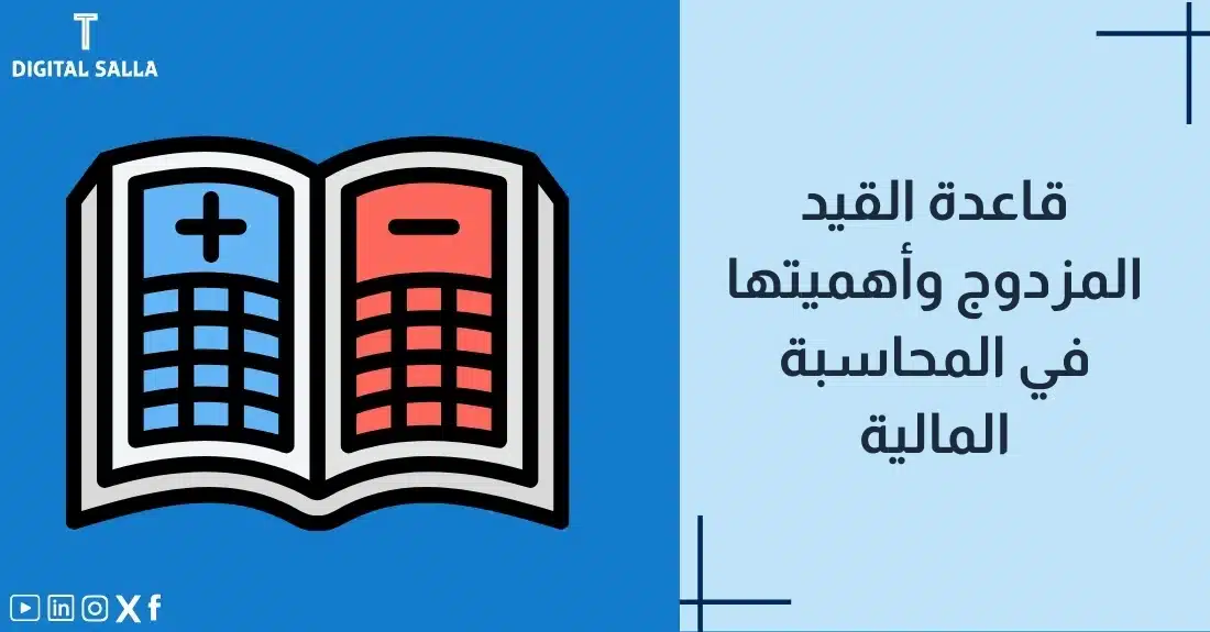 تصميم بعنوان قاعدة القيد المزدوج مع رسم توضيحي لـميزان يوضح مدين ودائن مع قيود يومية.