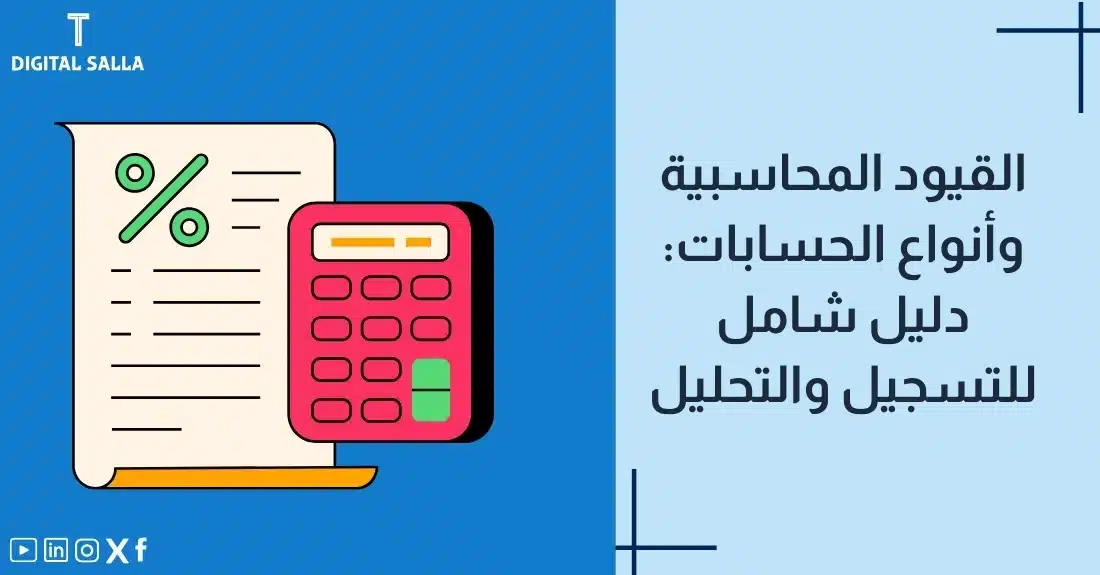 تصميم بعنوان القيود المحاسبية مع رسم توضيحي لـدفتر يومية وجدول حسابات مع أسهم ترحيل.