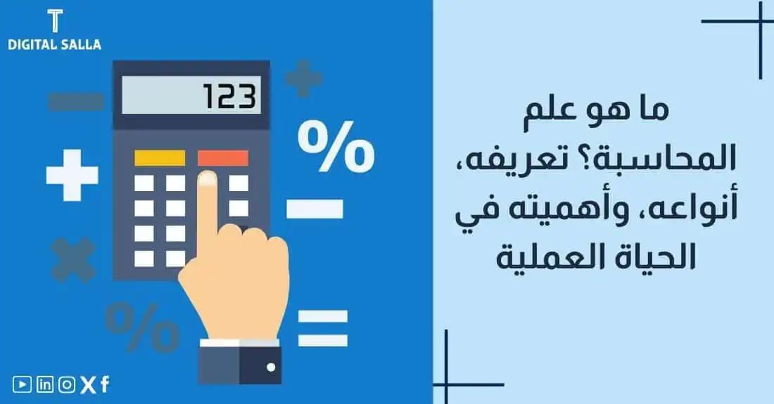 تصميم بعنوان علم المحاسبة مع رسم توضيحي لـأيقونات تمثل الفواتير والميزانية والتقارير.