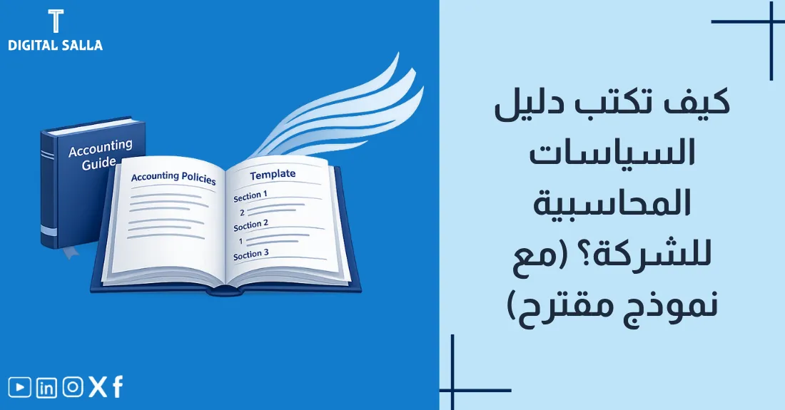 تصميم بعنوان دليل السياسات المحاسبية مع رسم لكتيب إرشادي منظم يحتوي على قواعد العمل.