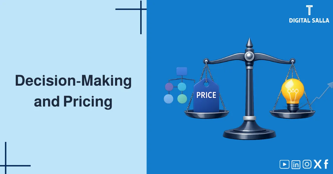 Decision Making design showing a balance scale weighing two financial alternatives with labels for Relevant Costs.