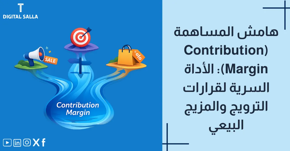 صورة بعنوان هامش المساهمة مع رسم يوضح المبلغ المتبقي من المبيعات بعد خصم التكاليف المتغيرة.