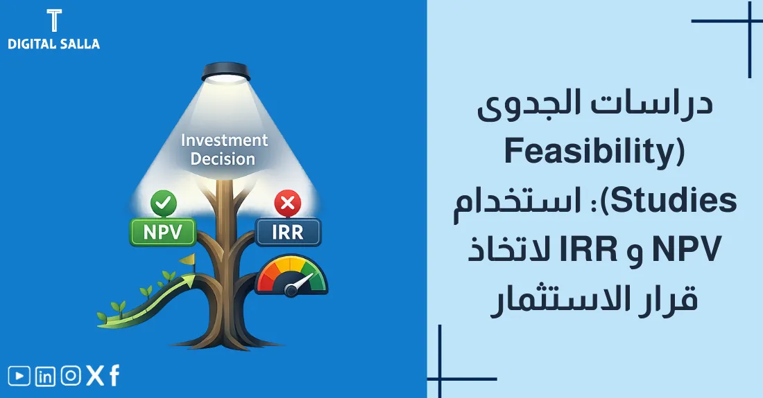 تصميم بعنوان دراسات الجدوى المالية مع رسم لإشارة NPV و IRR