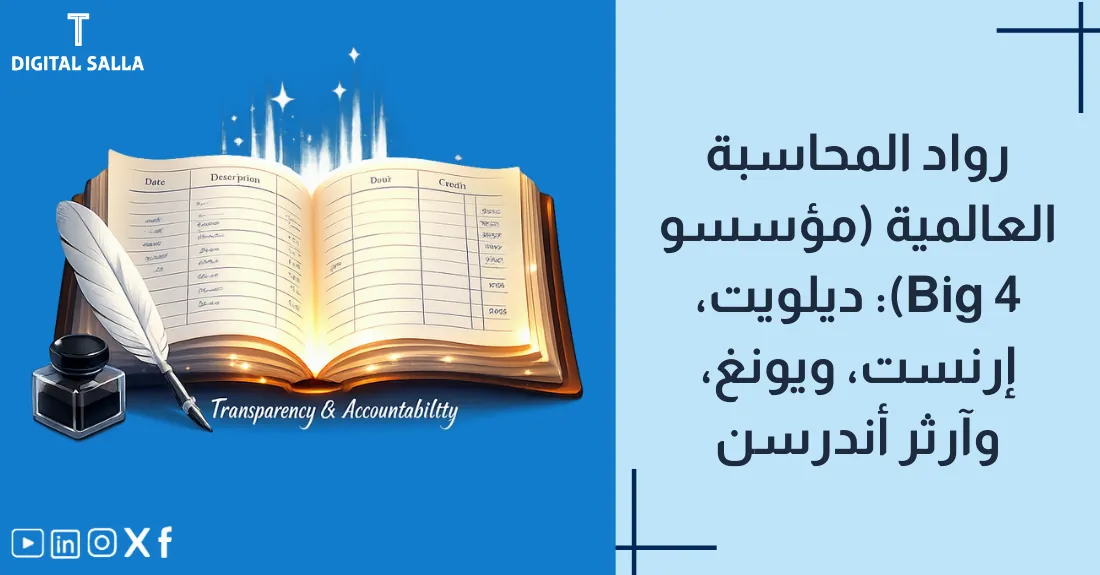 صورة بعنوان رواد المحاسبة العالمية ومؤسسو Big 4 مع رسم لأربعة أعمدة ضخمة تمثل الشركات الأربع الكبرى.