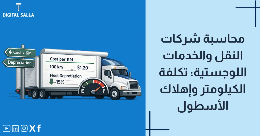 صورة بعنوان محاسبة شركات النقل مع رسم لشاحنة نقل وتوضيح تكلفة الكيلومتر وإهلاك الأسطول