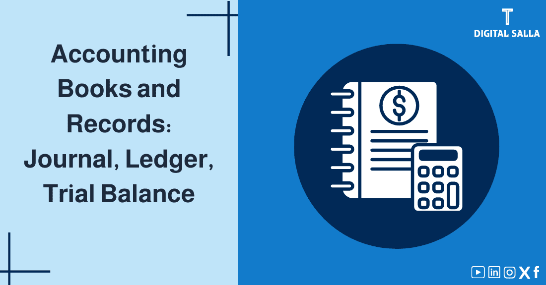 "Illustrative image for an article onAccounting Books and Records: journal, ledger, trial balance. It displays the article's title, along with an illustration symbolizing the content, depicting an accounting ledger with a calculator."