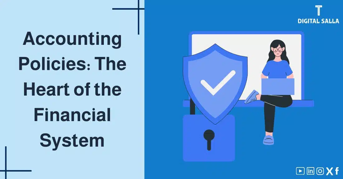 "Illustrative image for an article on Accounting Policies: the heart of the financial system. It displays the article's title, along with an illustration symbolizing the content, depicting a person working on a computer protected by a shield and a lock icon."