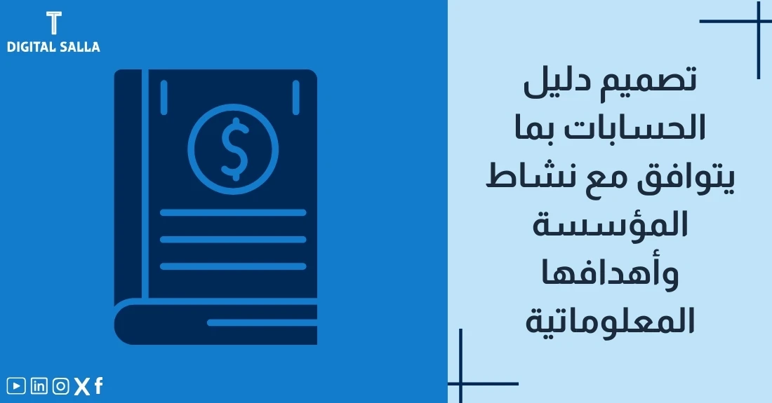 "صورة توضيحية لمقال عن تصميم دليل الحسابات بما يتوافق مع نشاط المؤسسة وأهدافها المعلوماتية. يظهر فيها عنوان المقال، بالإضافة إلى رسم يرمز لمحتوى المقال، وهو عبارة عن دفتر حسابات."