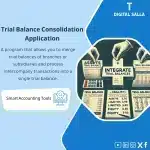 Trial Balance Consolidation Template, showing a program interface for consolidating trial balances, including tables, financial statements, and icons for merging balances, helps simplify the trial balance consolidation process. (Image: Trial balance consolidation program)