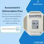 Accountant Handover Plan Template, showing a cover for a booklet "ACCOUNTANT HANDOVER GUIDE", includes a calculator icon, helps simplify the handover process between accountants. (Image: Booklet cover with accountant handover title and calculator.)