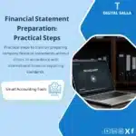 Financial Statement Preparation Steps Template, showing a computer program design with a training course cover, includes a laptop and books image, and a "BALANCE SHEET" logo, helps simplify the process of learning the steps of preparing financial statements according to international standards. (Image: Financial statement training course cover.)