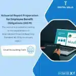 IAS 19 Employee Benefits Actuarial Report Service Template, showing a laptop displaying an actuarial report preparation program, and the "EOSB REPORT IAS 19" logo, helps simplify the process of preparing actuarial reports according to IAS 19 requirements. (Image: IAS 19 employee benefits actuarial software.)