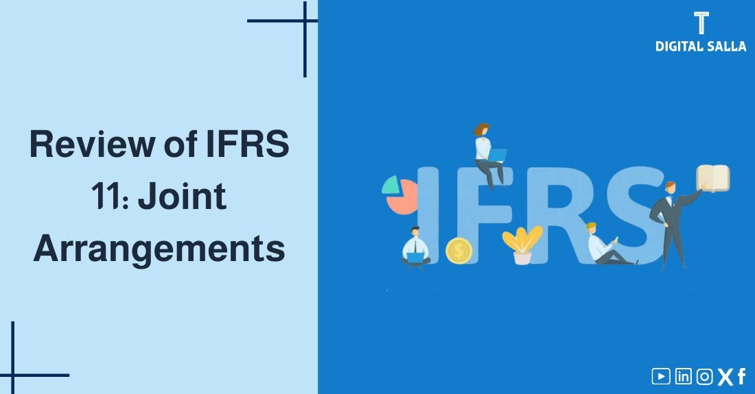 "Illustrative image for an article on IFRS11 Standard: Joint Arrangements. It displays the article's title, along with an illustration symbolizing the content, depicting a group of people sitting on the letters IFRS."