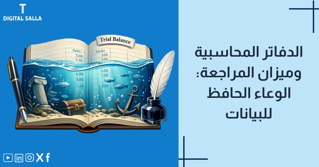 تصميم بعنوان الدفاتر المحاسبية وميزان المراجعة مع صورة لمجموعة دفاتر مجلدة بشكل كلاسيكي أنيق.