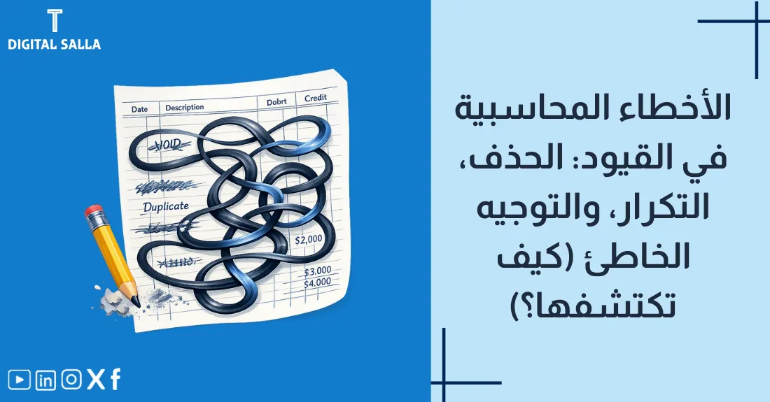 صورة بعنوان الأخطاء المحاسبية في القيود مع أيقونة علامة خطأ حمراء (X) على سجل مالي.