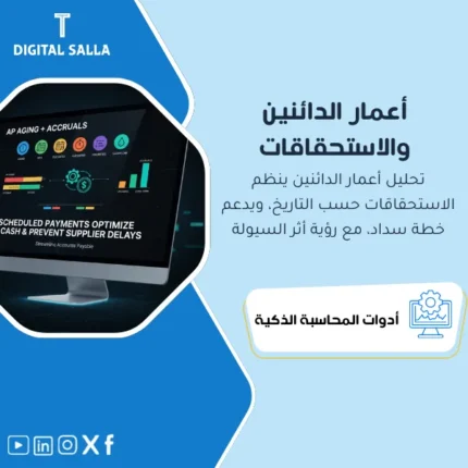 غلاف نموذج AP Aging يوضح أعمار الدائنين وجدولة الاستحقاقات حسب المورد والأولوية وربطها بخطة السيولة