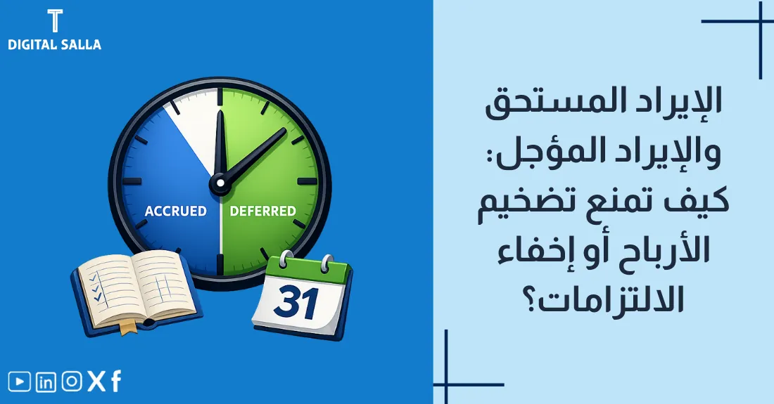 صورة بعنوان الإيراد المستحق والمؤجل مع أيقونة ساعة رملية تعبر عن توقيت اكتساب الإيراد.
