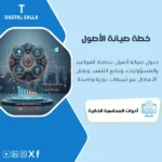 غلاف Maintenance Schedule يوضح جدول صيانة وقائية للأصول مع تواريخ تنفيذ وتسجيل أعطال وتكلفة ووقت توقف