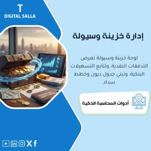 غلاف باقة Treasury متقدم لتوقع التدفق النقدي يشمل Cash Forecast وتسهيلات وجدول ديون وسيناريوهات سيولة