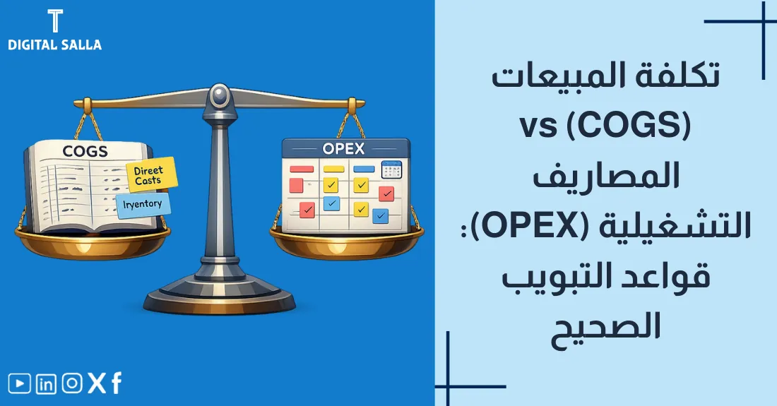 تصميم بعنوان تكلفة المبيعات مقابل المصاريف التشغيلية مع رسم لمصنع (تكلفة) ومكتب إداري (مصروف).