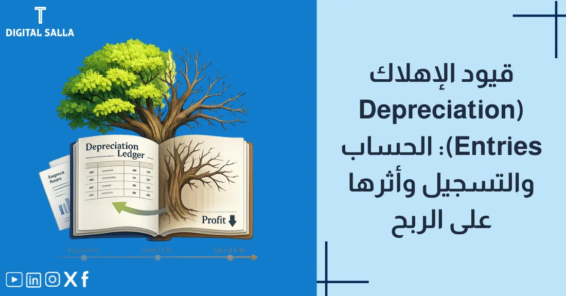 تصميم بعنوان قيود الإهلاك مع رسم لآلة أو سيارة يظهر عليها مقياس تناقص القيمة بمرور الزمن.