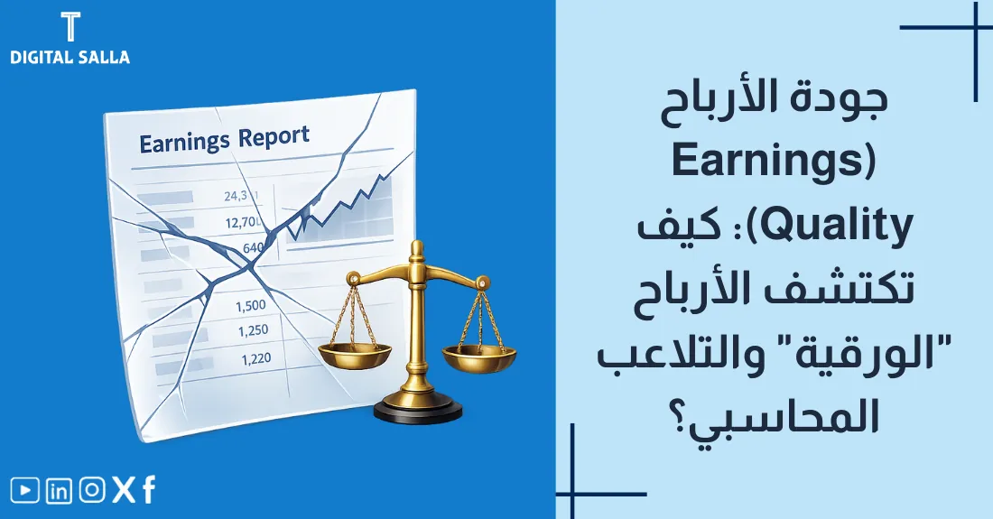 صورة بعنوان جودة الأرباح مع رسم لعملة ذهبية لامعة تحت المجهر لكشف حقيقتها.