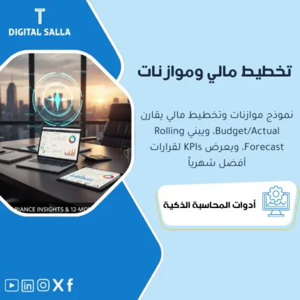 غلاف باقة التخطيط المالي يوضح Budget vs Actual وتوقع متجدد Rolling Forecast وتوقع نقدي ومؤشرات KPIs