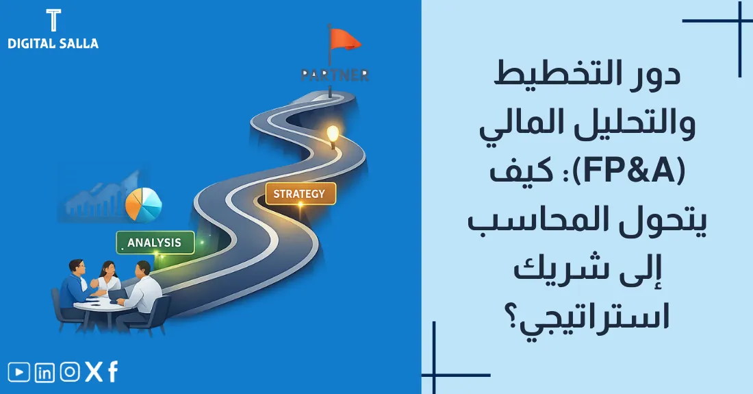 تصميم بعنوان التخطيط والتحليل المالي مع رسم لشخص يحلل بيانات معقدة على شاشة كبيرة لاستشراف المستقبل.