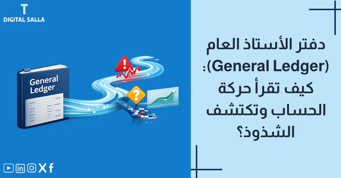 صورة بعنوان دفتر الأستاذ العام مع رسم لصفحة دفتر الأستاذ التقليدية (حرف T) وعليها قيود مرحلة.