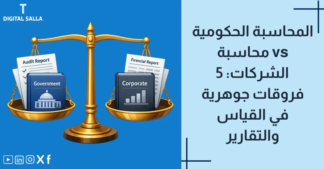 تصميم بعنوان المحاسبة الحكومية مقابل محاسبة الشركات مع أيقونة مبنى حكومي بجوار مبنى شركة تجارية.