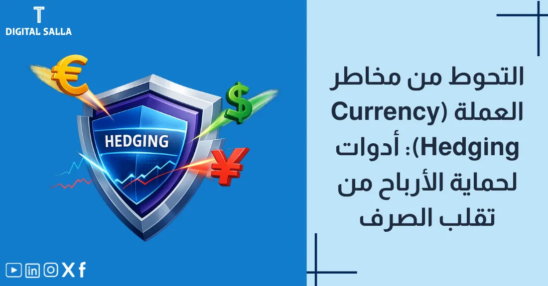 تصميم بعنوان التحوط من مخاطر العملة مع رسم لمظلة تحمي رموز العملات من المطر.