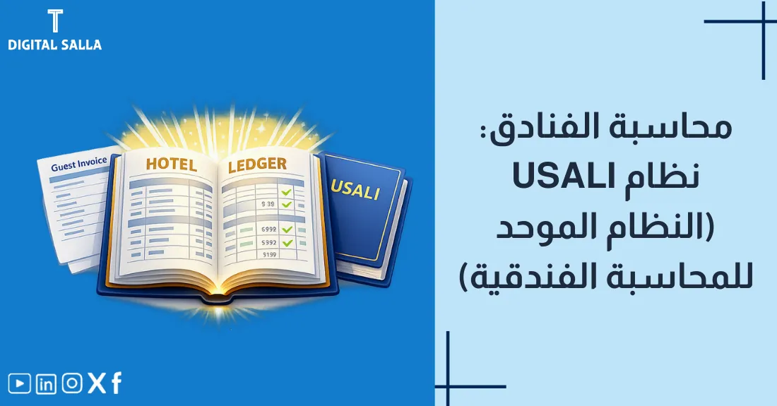 صورة بعنوان محاسبة الفنادق نظام USALI مع رسم لبطاقة مفتاح غرفة فندقية.