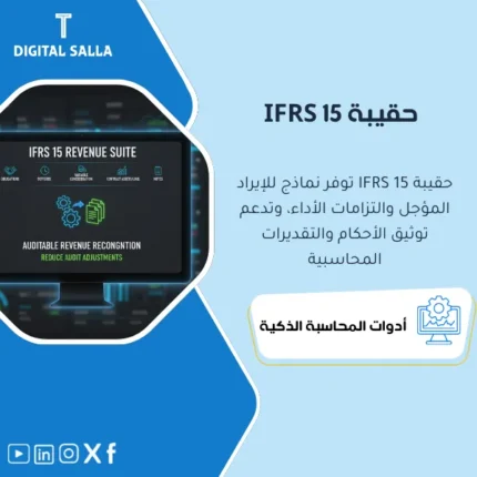 غلاف حزمة IFRS 15 يوضح الاعتراف بالإيراد مع التزامات الأداء والإيراد المؤجل والخصومات وجدول قيود شهرية