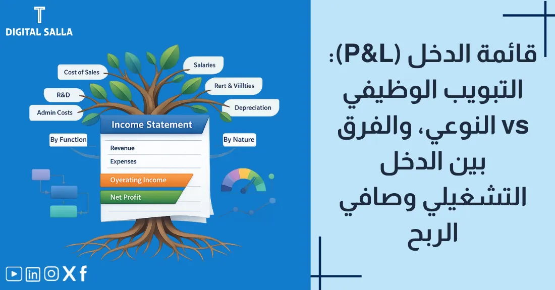 تصميم بعنوان قائمة الدخل مع رسم بياني يوضح معادلة الإيرادات ناقص المصروفات يساوي الربح.