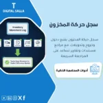 غلاف سجل حركة المخزون يوضح تتبع الاستلام والصرف والتحويل والتسويات مع الكمية والتكلفة والمرجع