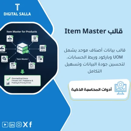 غلاف قالب Item Master للأصناف يوضح UOM وباركود وتصنيف VAT وربط GL Mapping للأصناف
