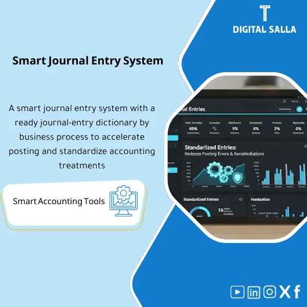 Journal-Entry-Posting-Tool-EN-51 Cover of the Smart Journal Entries App showing a transaction-based JE library with accounts
