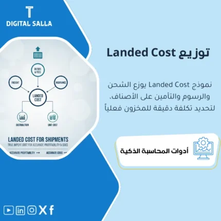 غلاف نموذج Landed Cost يوضح توزيع الشحن والرسوم والتأمين على الأصناف لحساب تكلفة الوحدة