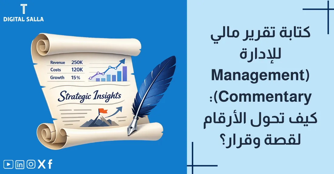 صورة بعنوان كتابة تقرير مالي للإدارة مع رسم لشاشة عرض (Presentation) تعرض ملخصاً تنفيذياً.