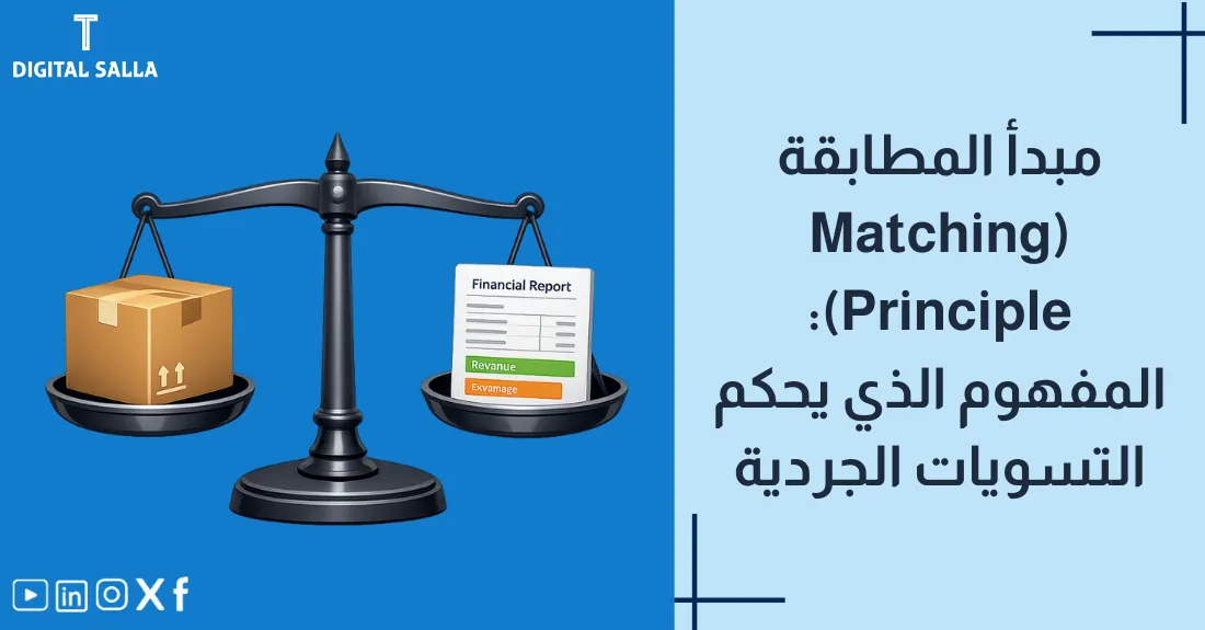 صورة بعنوان مبدأ المطابقة المحاسبي مع رسم لقطعتي بازل (Puzzle) تمثلان الإيراد والمصروف تتصلان ببعضهما.