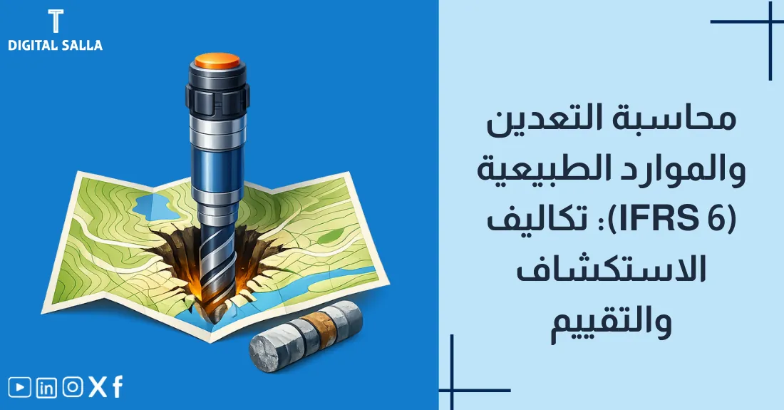 تصميم بعنوان محاسبة التعدين IFRS 6 مع رسم لمعول تعدين وقطعة معدن ثمين.