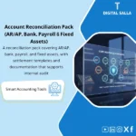 Cover of the Account Reconciliations Pack showing customer/vendor/bank/payroll/asset reconciliations with tie-outs