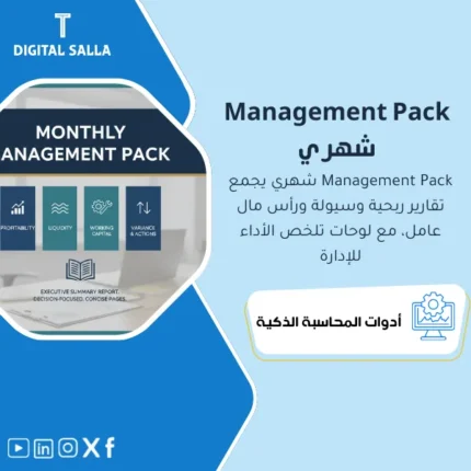 غلاف Management Pack شهري يوضح ملخص ربحية وسيولة ورأس مال عامل وانحرافات الميزانية مع Action Log