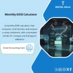 Cover of the Monthly GOSI Calculation Template showing employee/employer contributions with ready numbers for review and payment