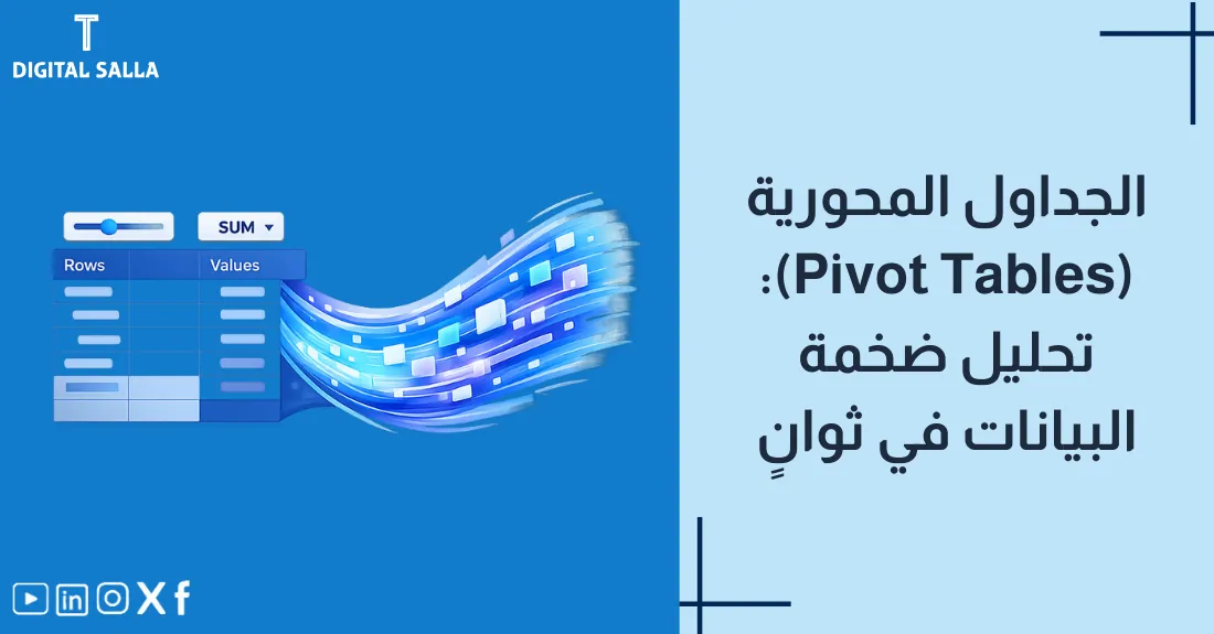 صورة بعنوان الجداول المحورية Pivot Tables مع أيقونة جدول يلخص بيانات معقدة.
