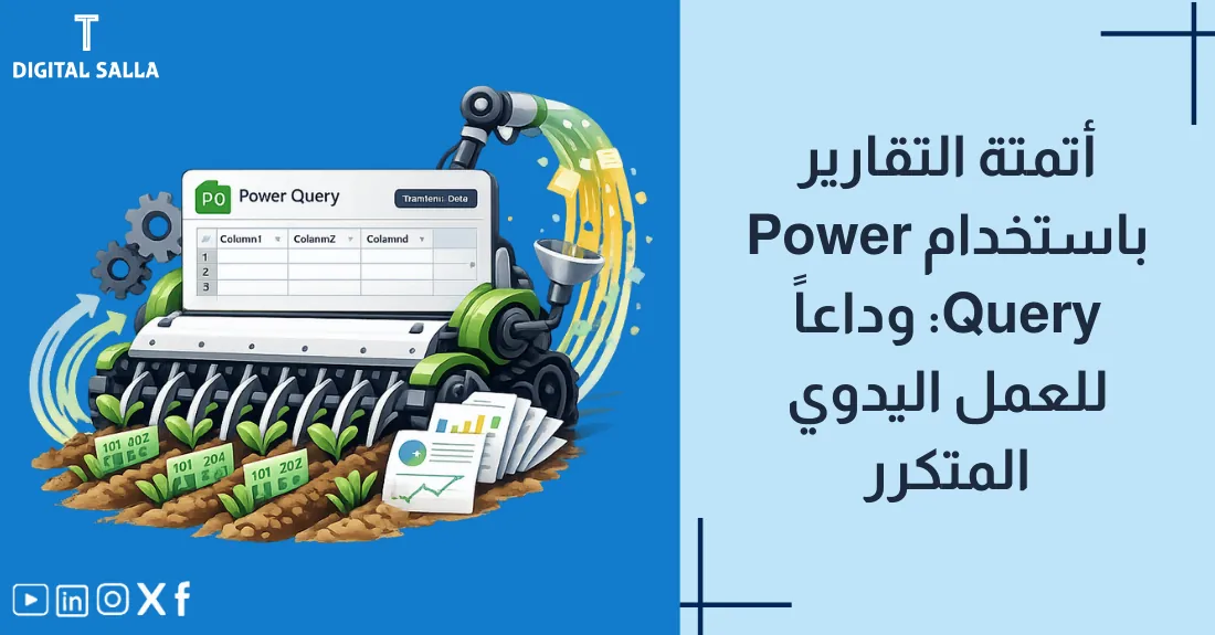 تصميم بعنوان أتمتة التقارير باستخدام Power Query مع رسم لترس (Gear) يعالج البيانات تلقائياً.