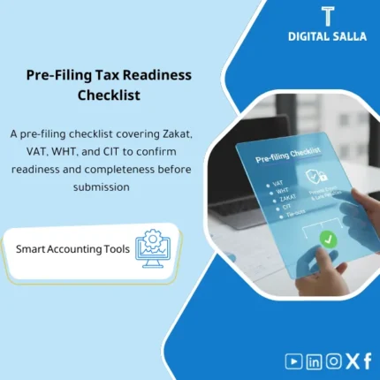 Cover of the Pre-Filing Checklist showing review before VAT/WHT/Zakat/CIT filing with GL tie-out and support file