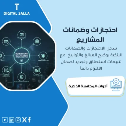 غلاف Retentions & Guarantees يوضح متابعة المحتجزات وخطابات الضمان وتواريخ التحرير والتنبيهات لكل مشروع