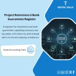 Cover of the Retentions & Guarantees Template showing retention and bank guarantee tracking with release dates and project alerts