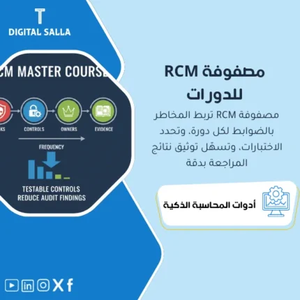 غلاف مصفوفة RCM يوضح مخاطر وضوابط الدورات الرئيسية مع المالك والأدلة وتواتر التنفيذ لاختبارات الضوابط